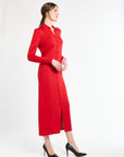 Woman wearing a red dress on a white background