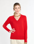 Woman wearing a red sweater on a white background