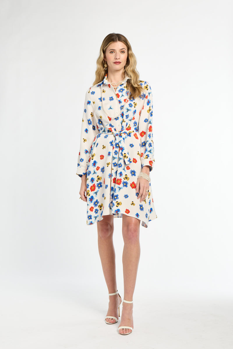 Woman wearing a floral dress on a white background