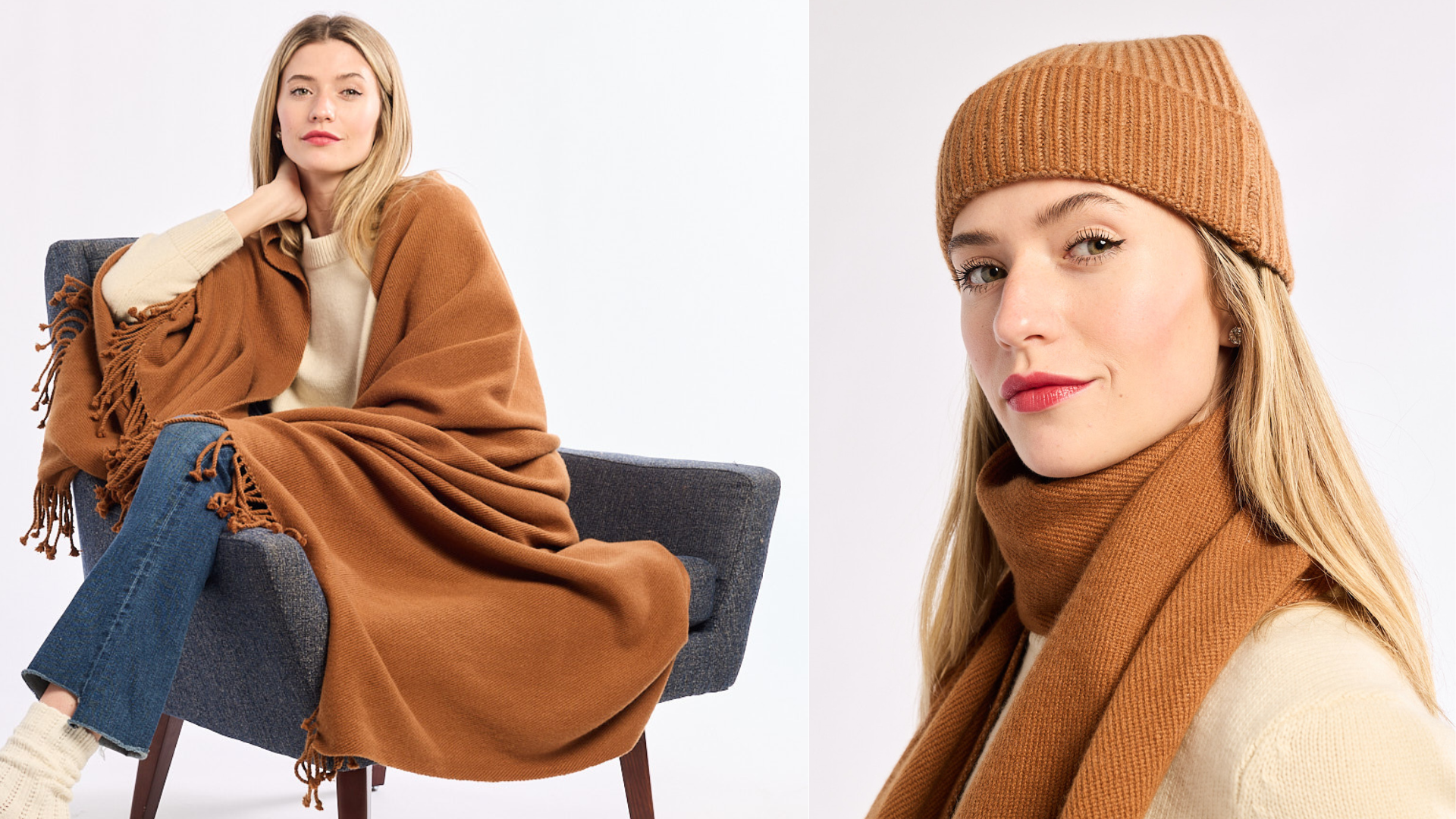 Woman wrapped in a brown blanket and wearing a matching hat and scarf on a white background.