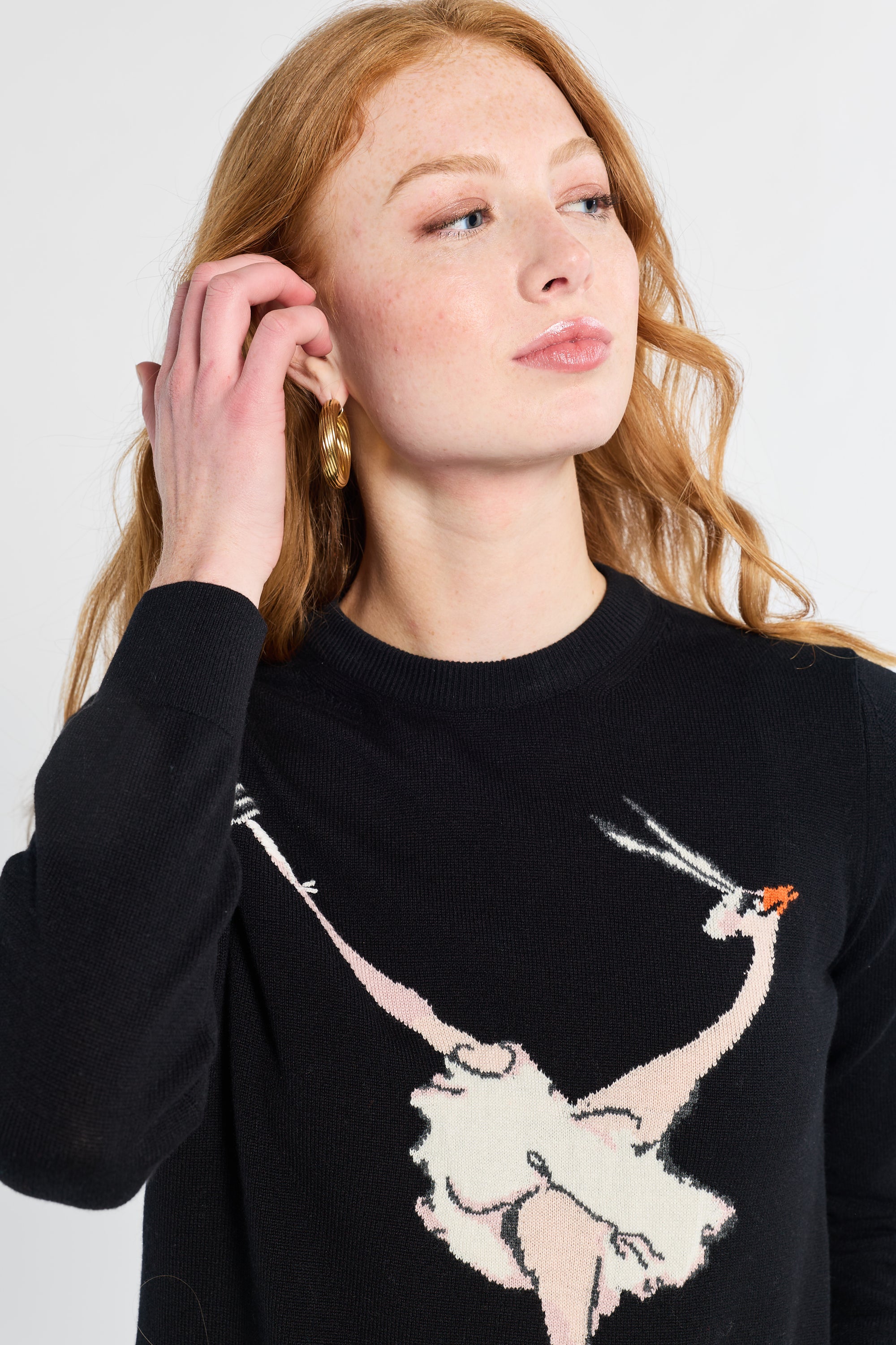 model wearing a black sweater with a animal ballet design on a white background