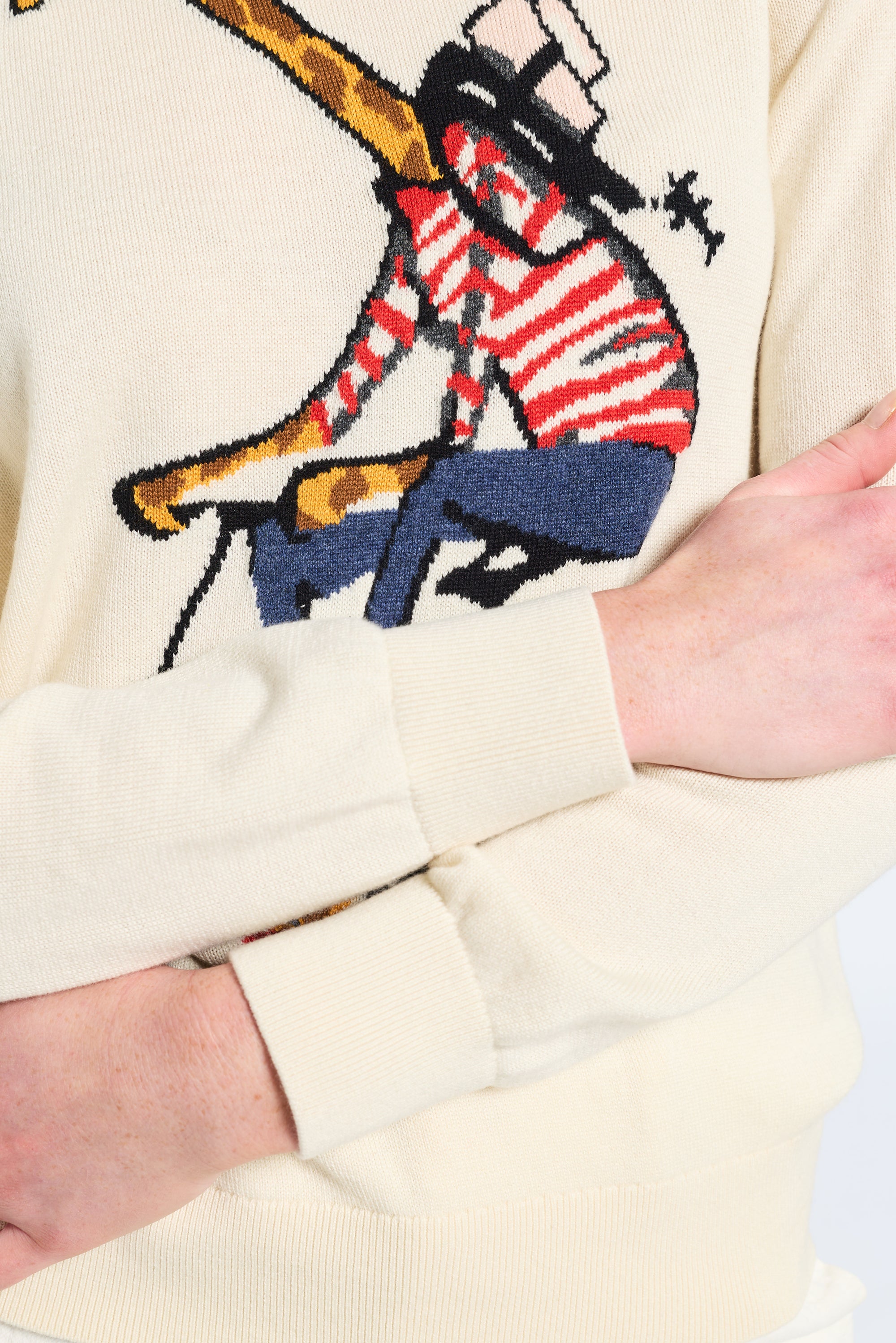 Close-up of a sweater with a colorful giraffe design