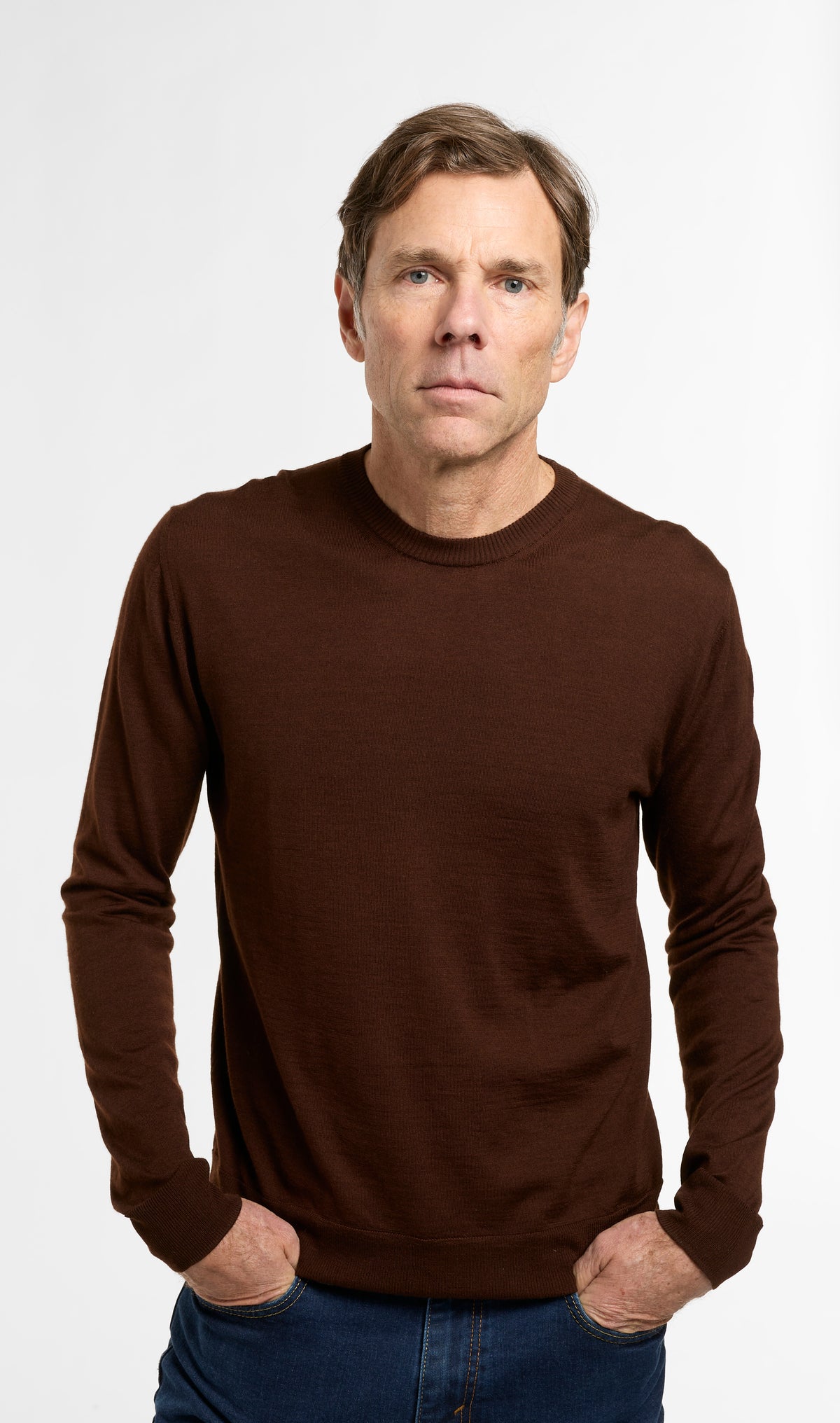 Men's All Season Crewneck in Chocolate, front view