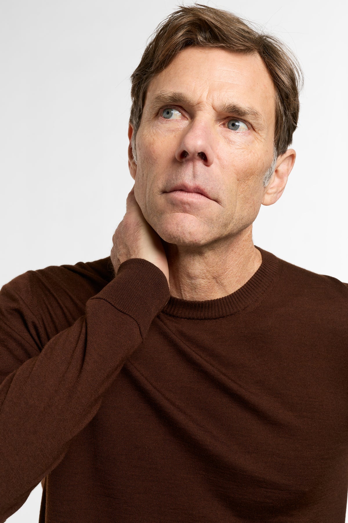 Men's All Season Crewneck in Chocolate, close-up fabric and knit detail