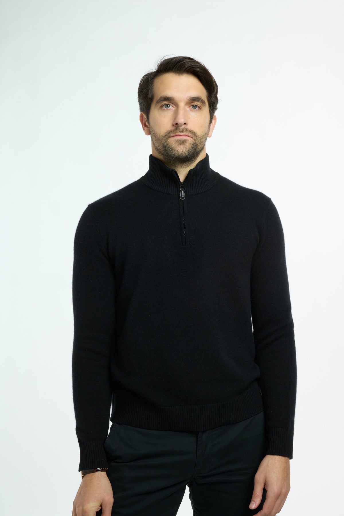 Men’s Baby Cashmere Quarter-Zip in Black, front view