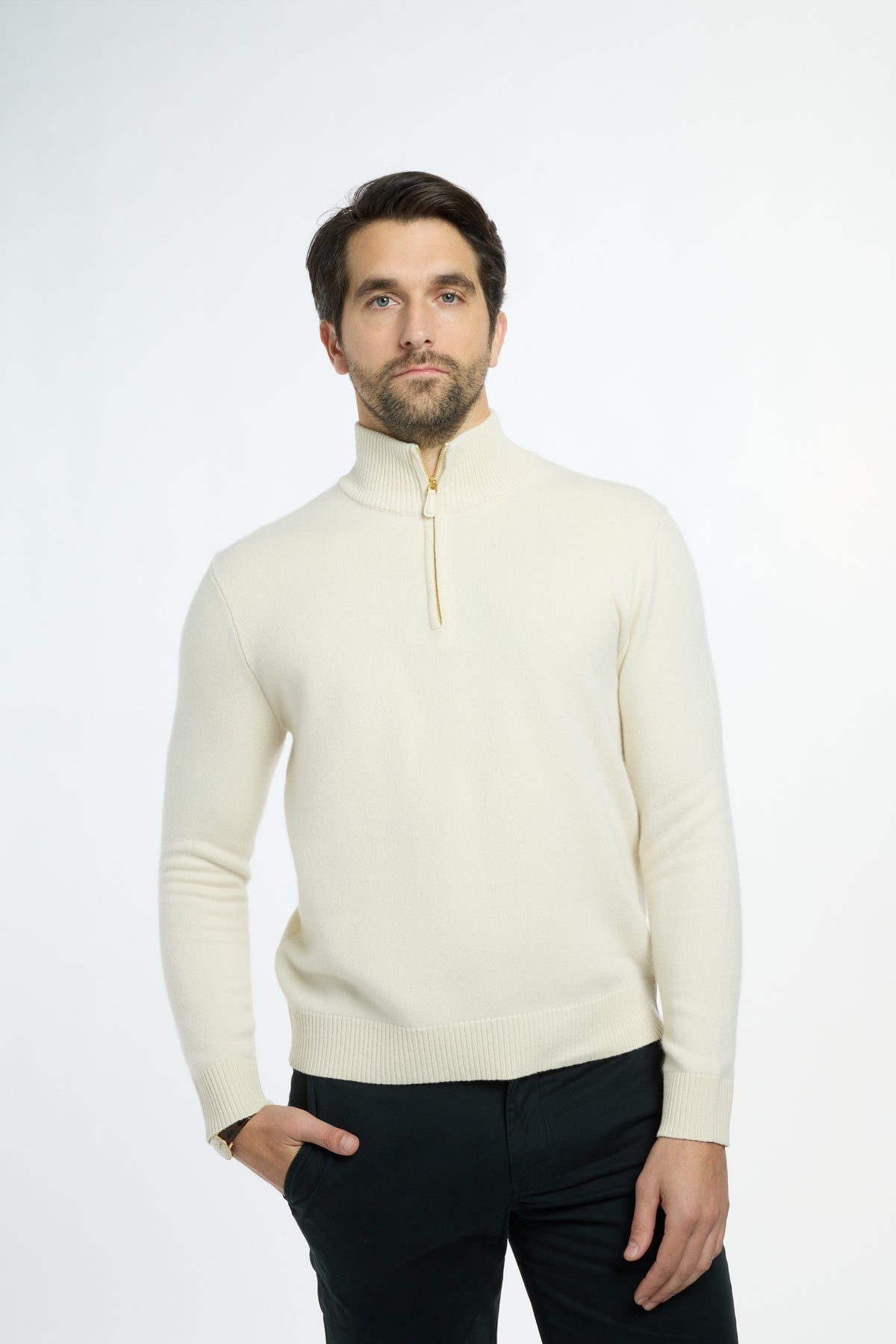 Men’s Baby Cashmere Quarter-Zip in Cream, front view
