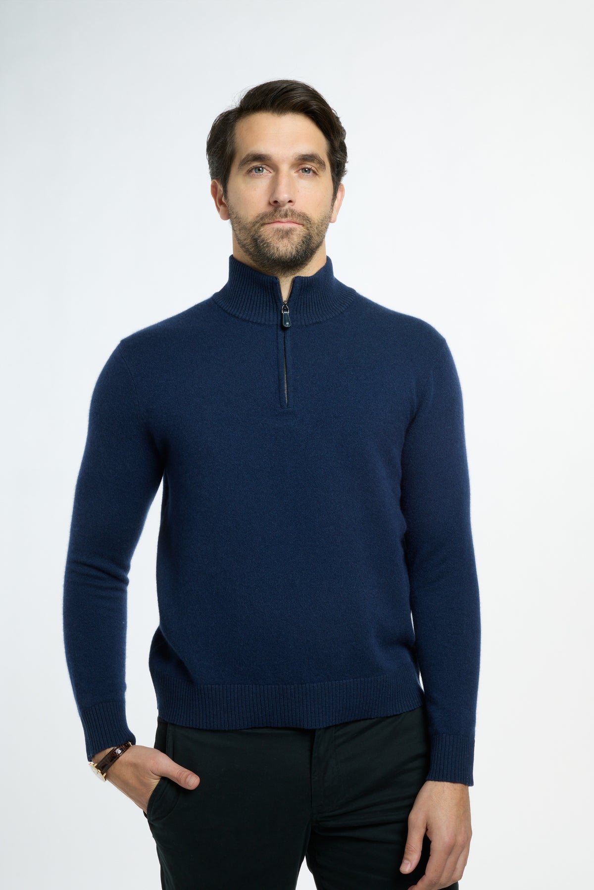 Men’s Baby Cashmere Quarter-Zip in Navy, front view