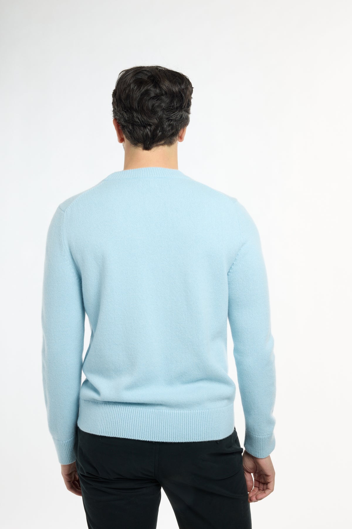 Men’s Classic Cashmere Crewneck in Sky Blue, back view